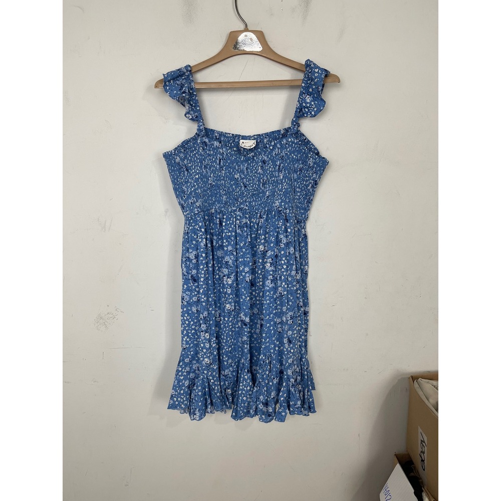 Arula‎ Bovina Blue Floral Smocked Mini Dress Ruffle Straps 2X A174 P